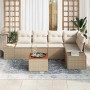 Beiges 6-teiliges vidaXL Garten-Sofa-Set aus Poly Rattan mit Kissen und Tisch.