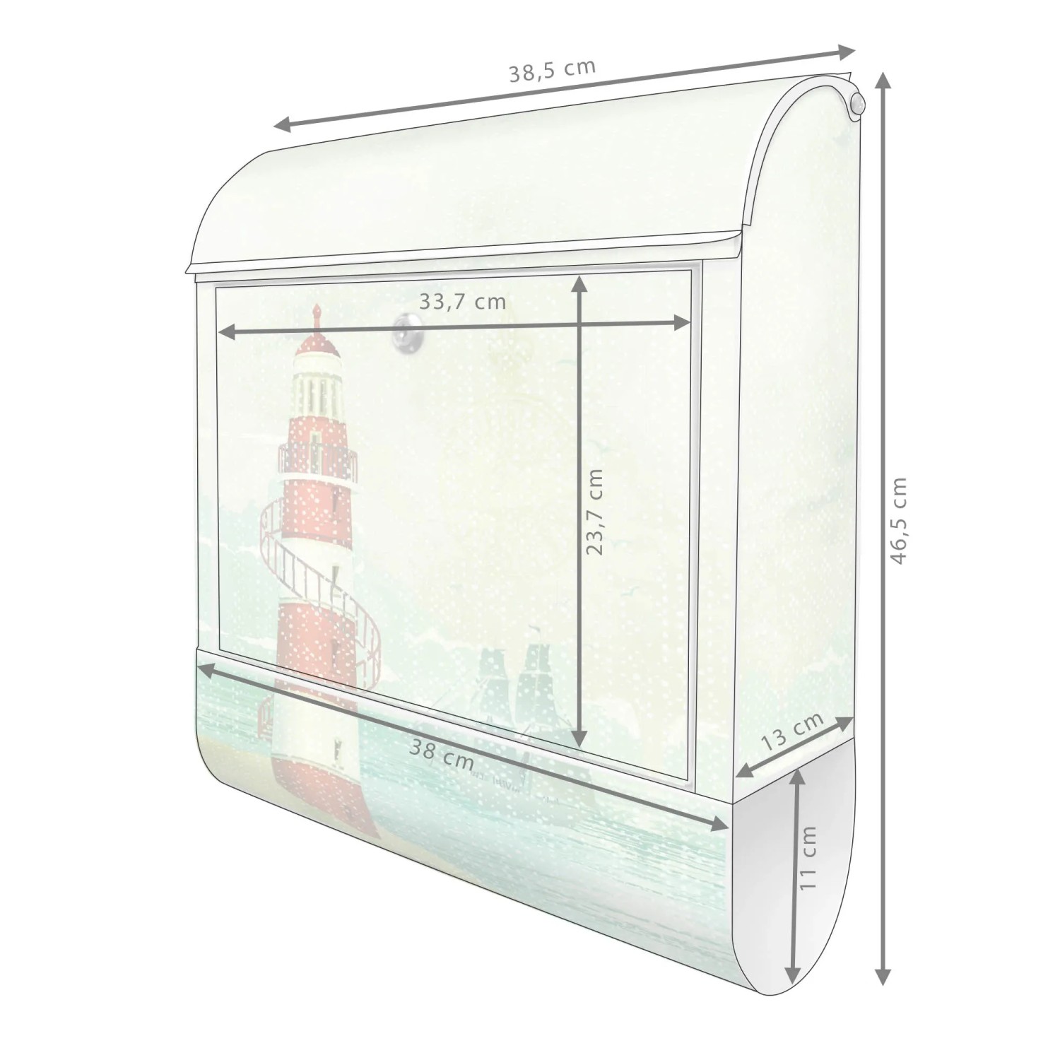 Weißer Banjado Design Briefkasten mit Leuchtturm Motiv und Zeitungsfach, pulverbeschichtet.