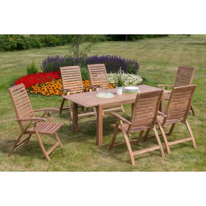 7-teiliges Gartenmöbel-Set Paraiba aus braunem Akazienholz mit Ausziehtisch und Klappsesseln.