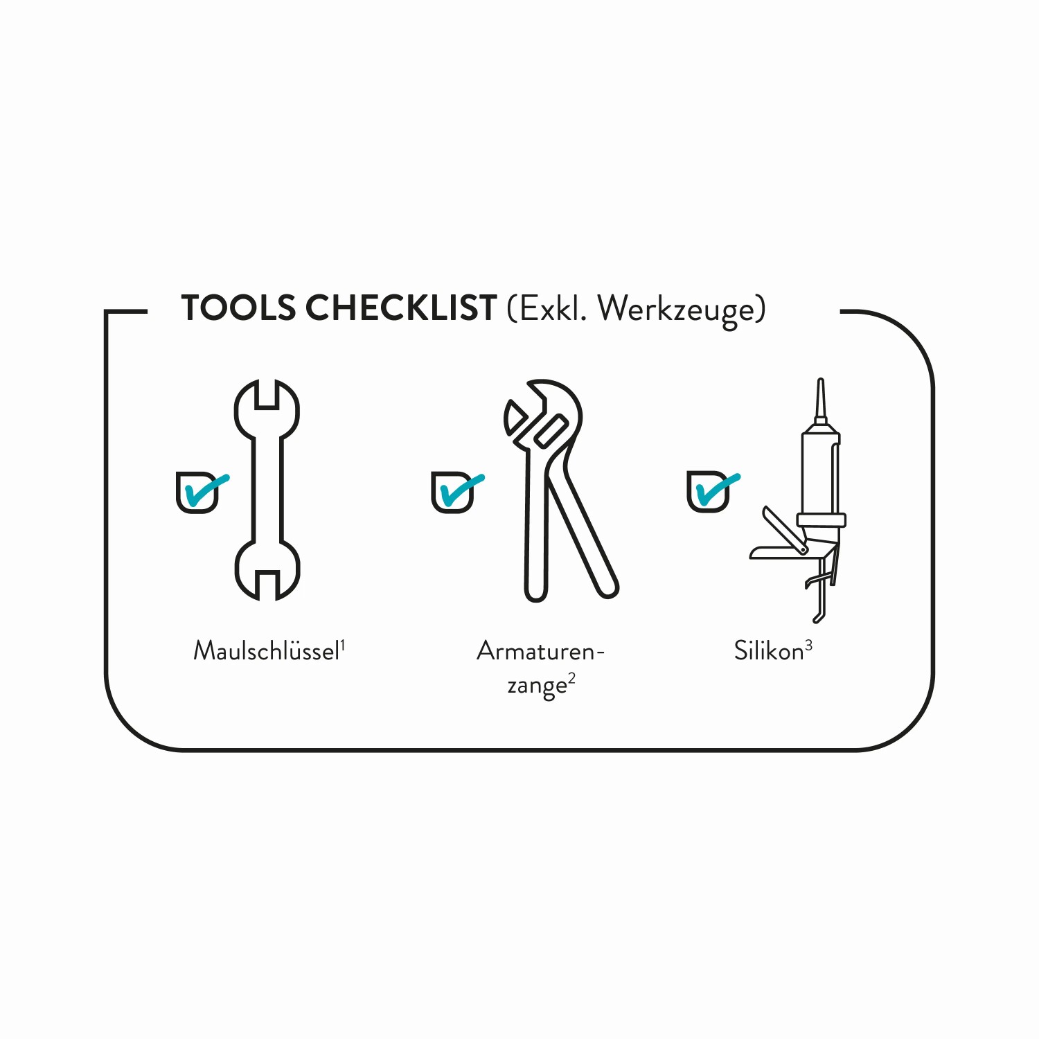 Checkliste Werkzeuge: Maulschlüssel, Armaturenzange, Silikon für Aufsatzwaschbecken Montage.