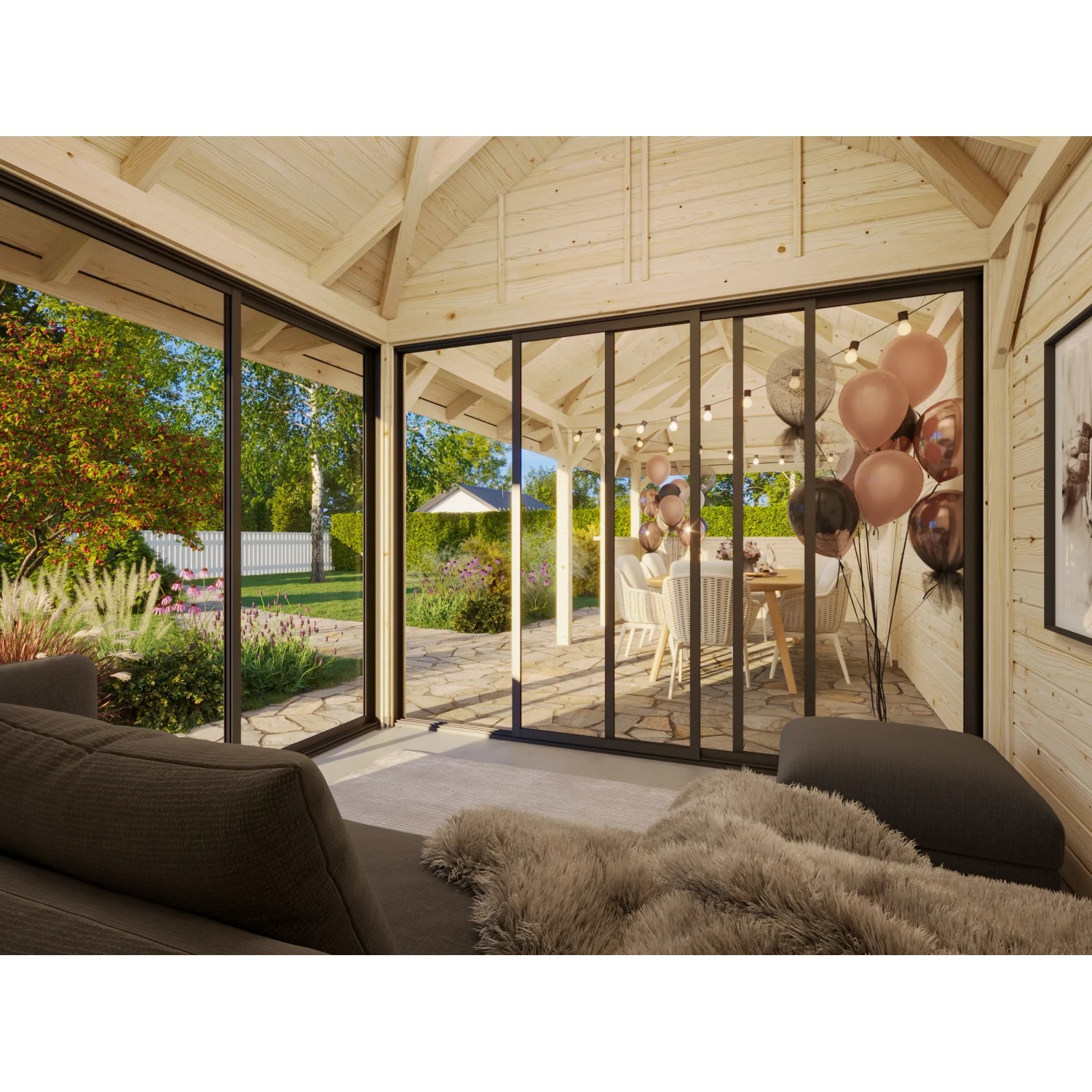 Palmako Pavillon Bianca Set, 876x300 cm, weiß lackiert, mit Schiebetüren und Eck-Tresenanlage.