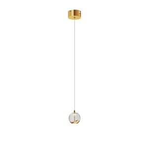 Moderne LED Pendelleuchte Hayley mit transparentem Glasschirm und goldenem Baldachin.