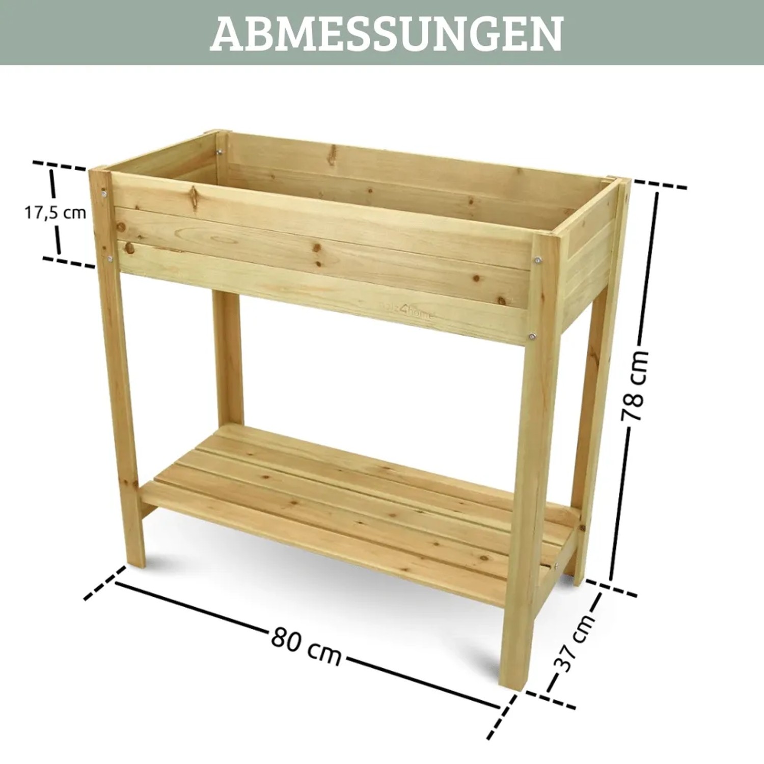DELUKE Hochbeet KLEO aus Holz mit Ablage und Maßen. Ideal für Balkon, Terrasse und Garten.