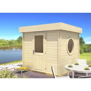 Finntherm Gartensauna Cubus-70 A Natur, 264x264 cm, mit Flachdach und runder Fensteröffnung.