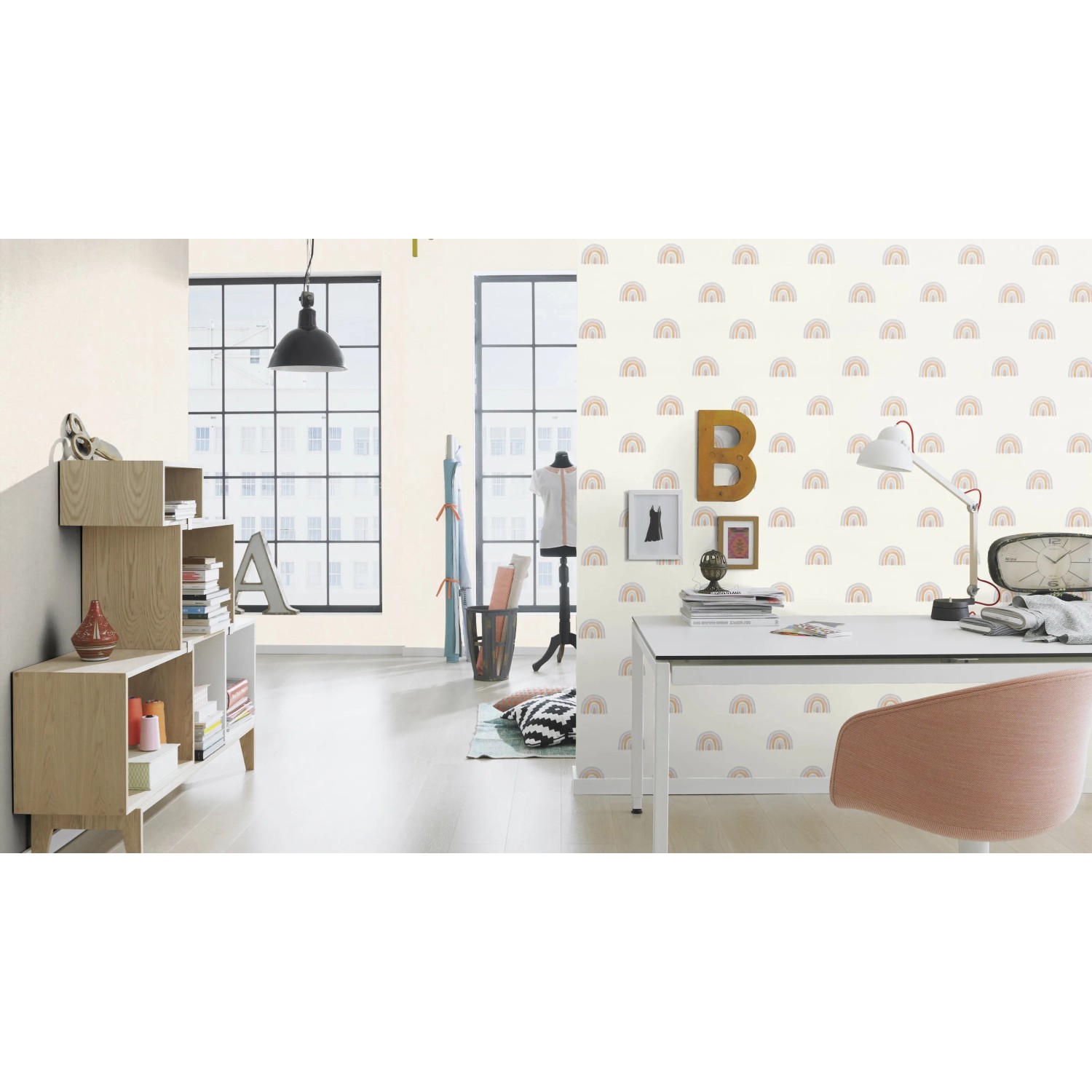 Rasch Vliestapete Bambino XIX 252804, Uni Creme mit kleinen Regenbogen im Kinderzimmer.