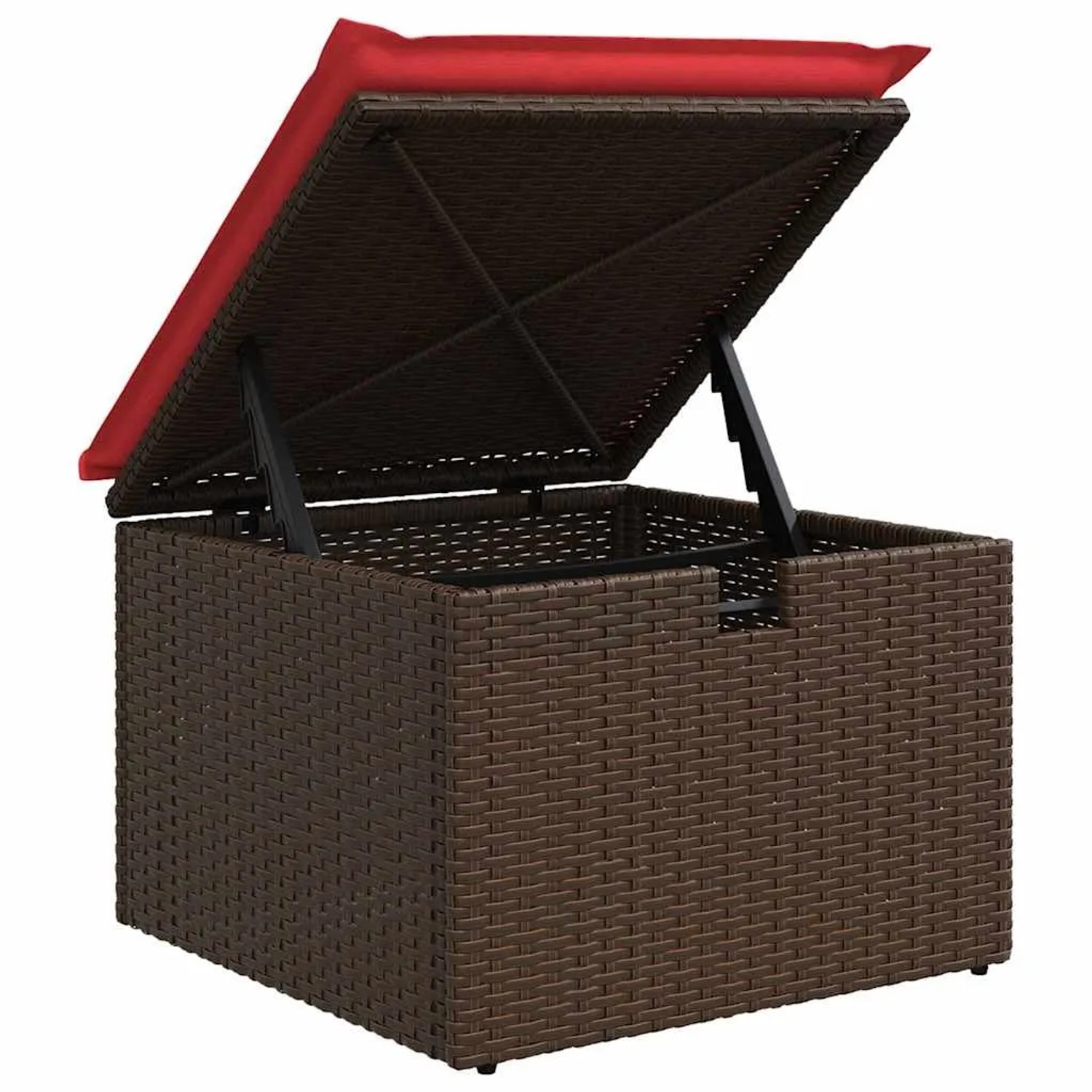 Brauner Rattan Gartenhocker mit rotem Kissen und Stauraum, Teil der vidaXL Sofagarnitur.