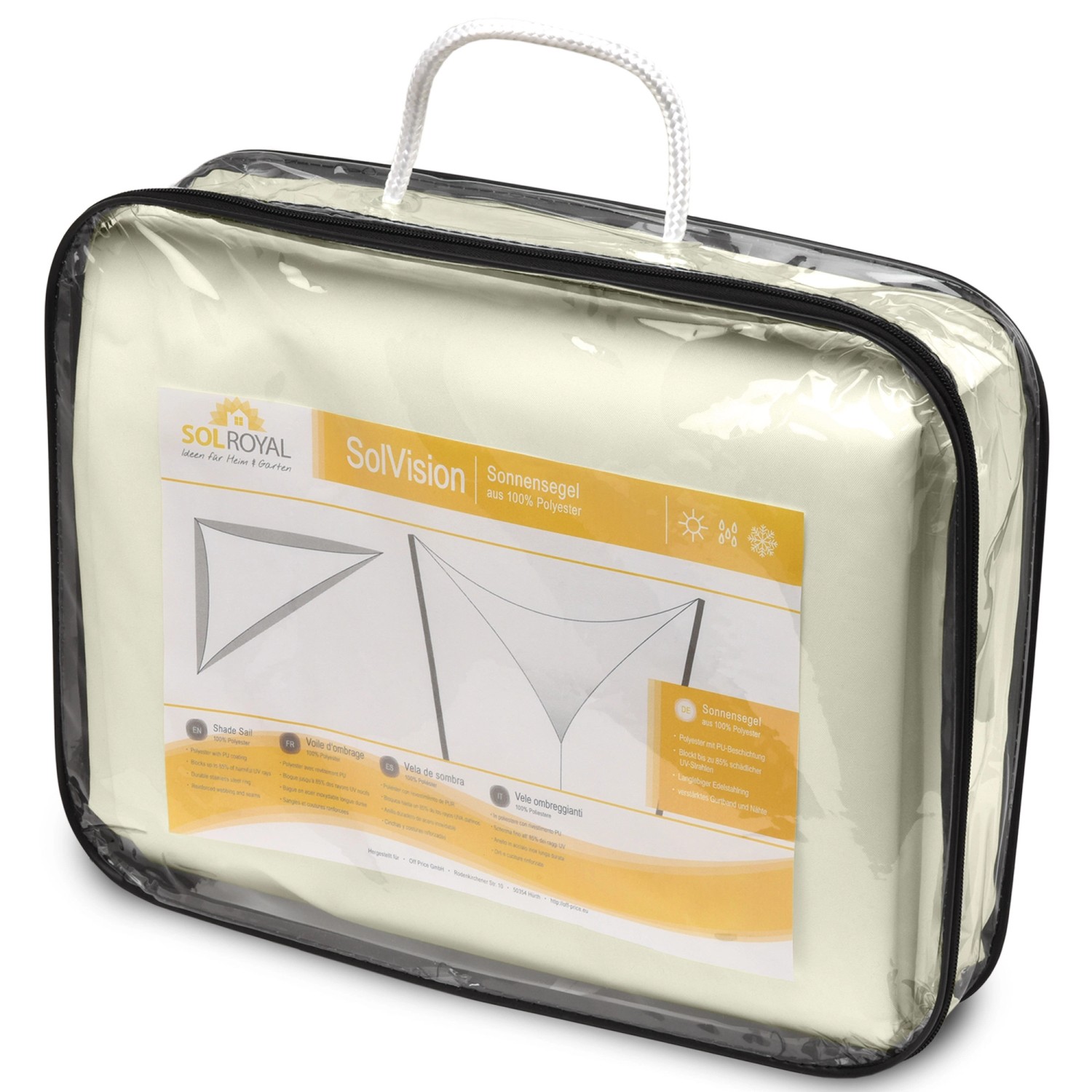 Sol Royal Sonnensegel PS9, dreieckig, Creme, in transparenter Tragetasche.