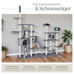 Grauer Tectake Kratzbaum Snooky mit Sisal, 218x70x261cm, für Katzen zum Spielen und Krallenwetzen.