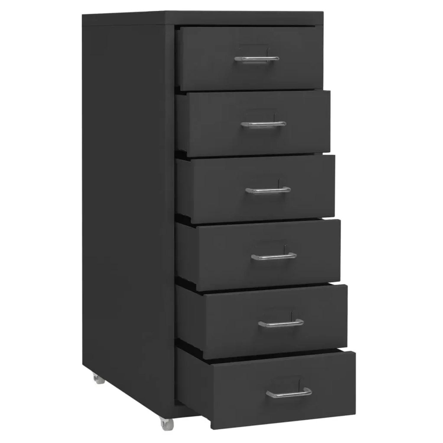 Anthrazitfarbener vidaXL Aktenschrank mit 6 Schubladen und Rollen.