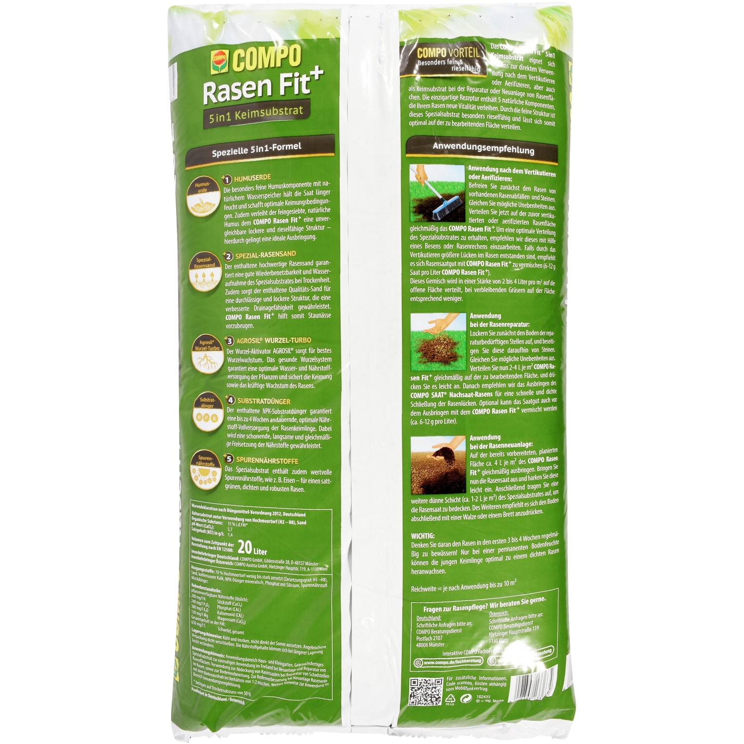 Compo Rasen Fit+ 20L Sack: Rasenerde zur Bodenvorbereitung und Rasenreparatur.