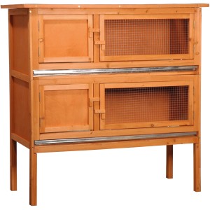 Holzfarbener Dobar Kleintierstall mit 2 Etagen und Gittertüren.