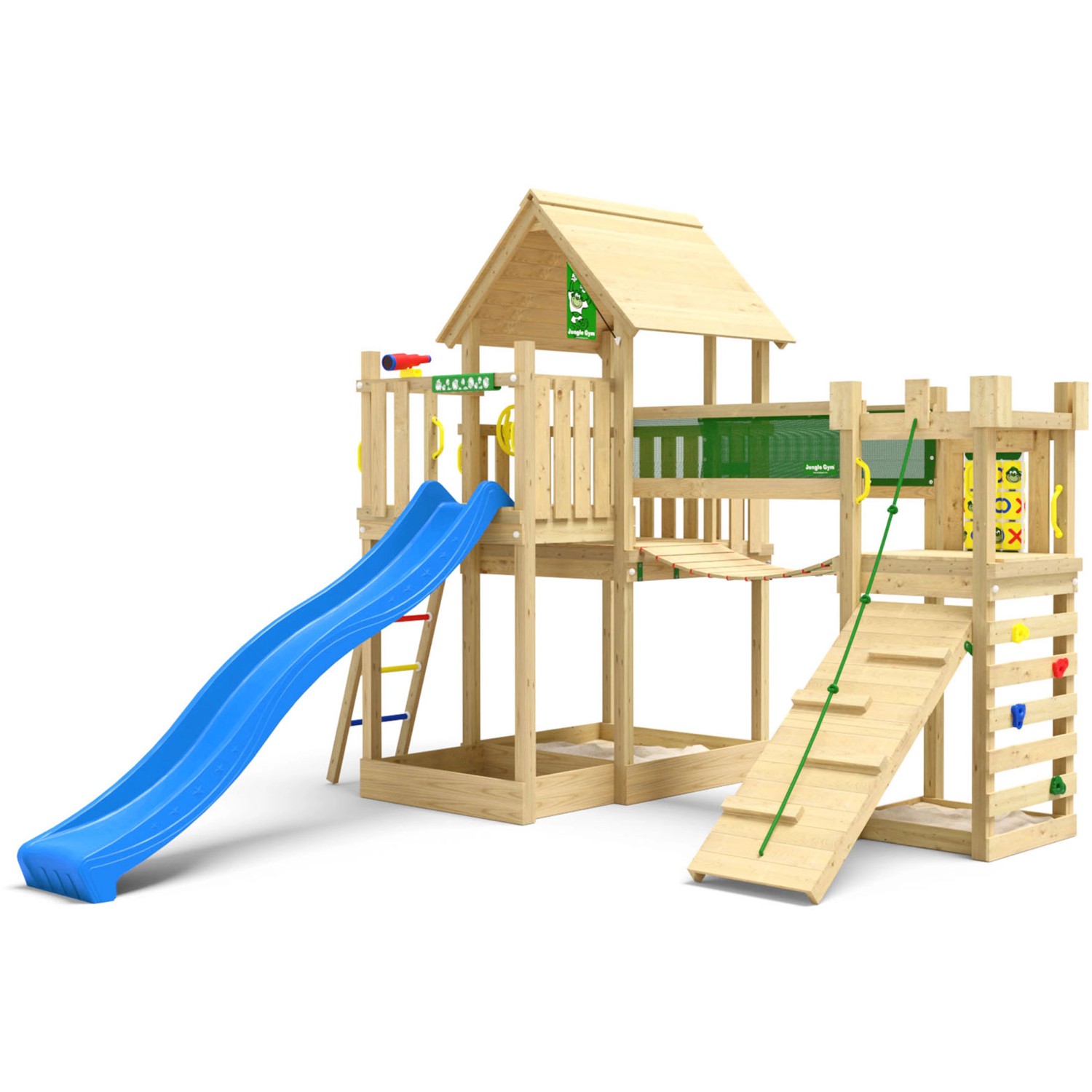 Jungle Gym Spielturm Lookout Holz Wackelbrücke Kletterrampe Rutsche Blau günstig online kaufen