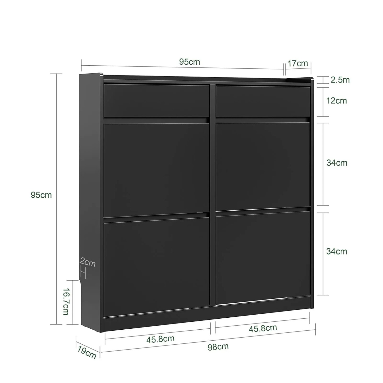 Schwarzer SoBuy Schuhschrank 98x95x19cm mit 4 Klappen und 2 Schubladen. Schmaler Flurschrank.