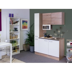 Flex-Well Singleküche 130 cm, Weiß/Sonoma Eiche, mit Mikrowelle und Apothekerschrank.