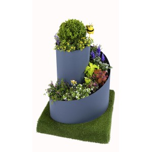 Graue Jardinion Kräuterspirale (80cm) bepflanzt mit Kräutern und Blumen, Dekobienen.