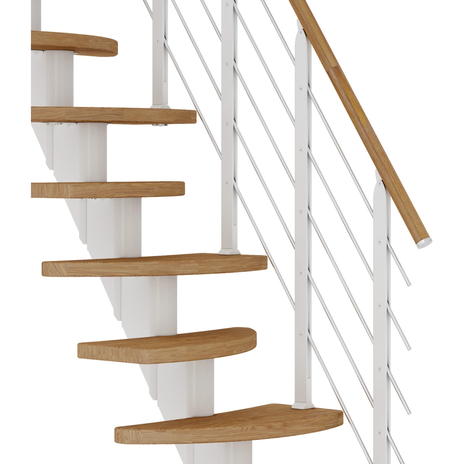 Dolle Mittelholmtreppe Berlin Eiche, weiße Wangen, Holzhandlauf. Innentreppe für variable Geschosshöhe.