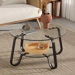 Eleganter runder Couchtisch mit schwarzem Metallrahmen und zwei Glasplatten. Zweistufiges Design für Wohnzimmer.