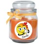 Duftkerze "Danke" im Glas mit orangefarbenem Wachs und Schleife.