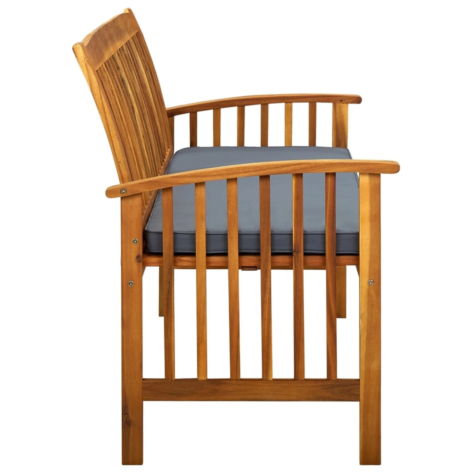 VidaXL Gartenbank aus Akazienholz mit dunkelgrauem Kissen, Seitenansicht.