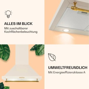 Elegante Klarstein Montblanc 60 Dunstabzugshaube in Creme mit goldener Reling und integrierter LED-Kochflächenbeleuchtung.