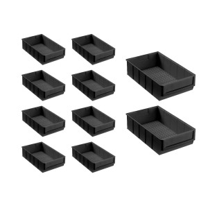 Set aus 10 leitfähigen, schwarzen PROREGAL Industrieboxen (3,4 Liter) für Aufbewahrungssysteme.