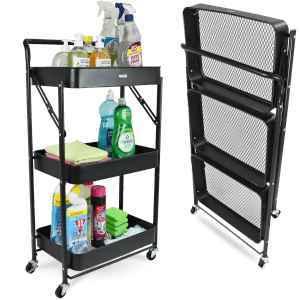 Schwarzer, klappbarer deluxe4home Rollwagen mit 3 Ebenen, gefüllt mit Reinigungsutensilien.