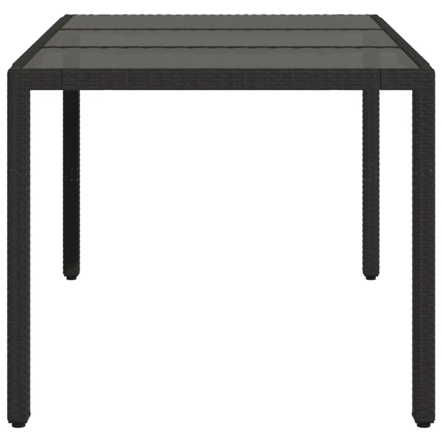Schwarzer vidaXL Gartentisch mit Glasplatte, 150x90 cm, aus Poly Rattan.