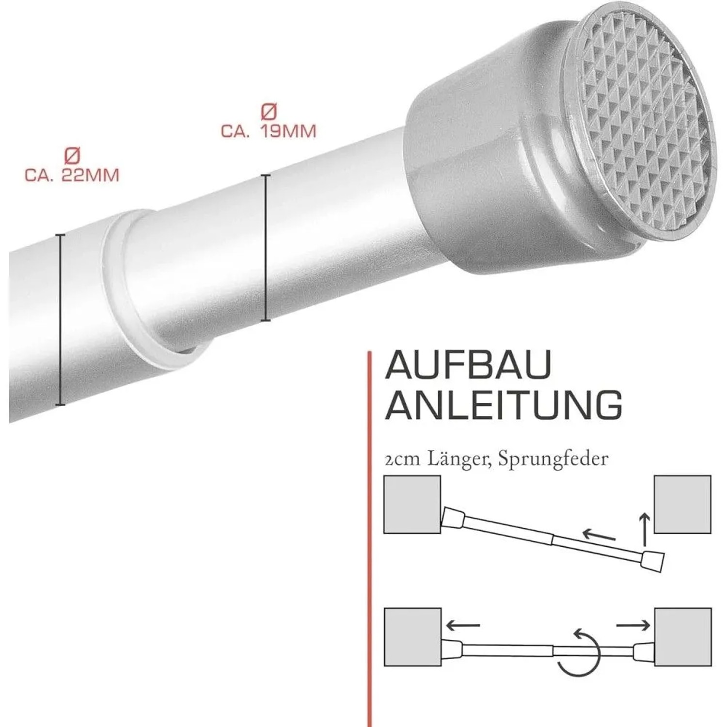 Bomoe Neptun Duschstange, Aluminium, L 115-200cm, mit Aufbauanleitung.