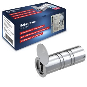 Basi Rohrtresor RT 101-MS aus Aluminium mit Edelstahl-Verschluss, Maueranker und Schutzklappe.