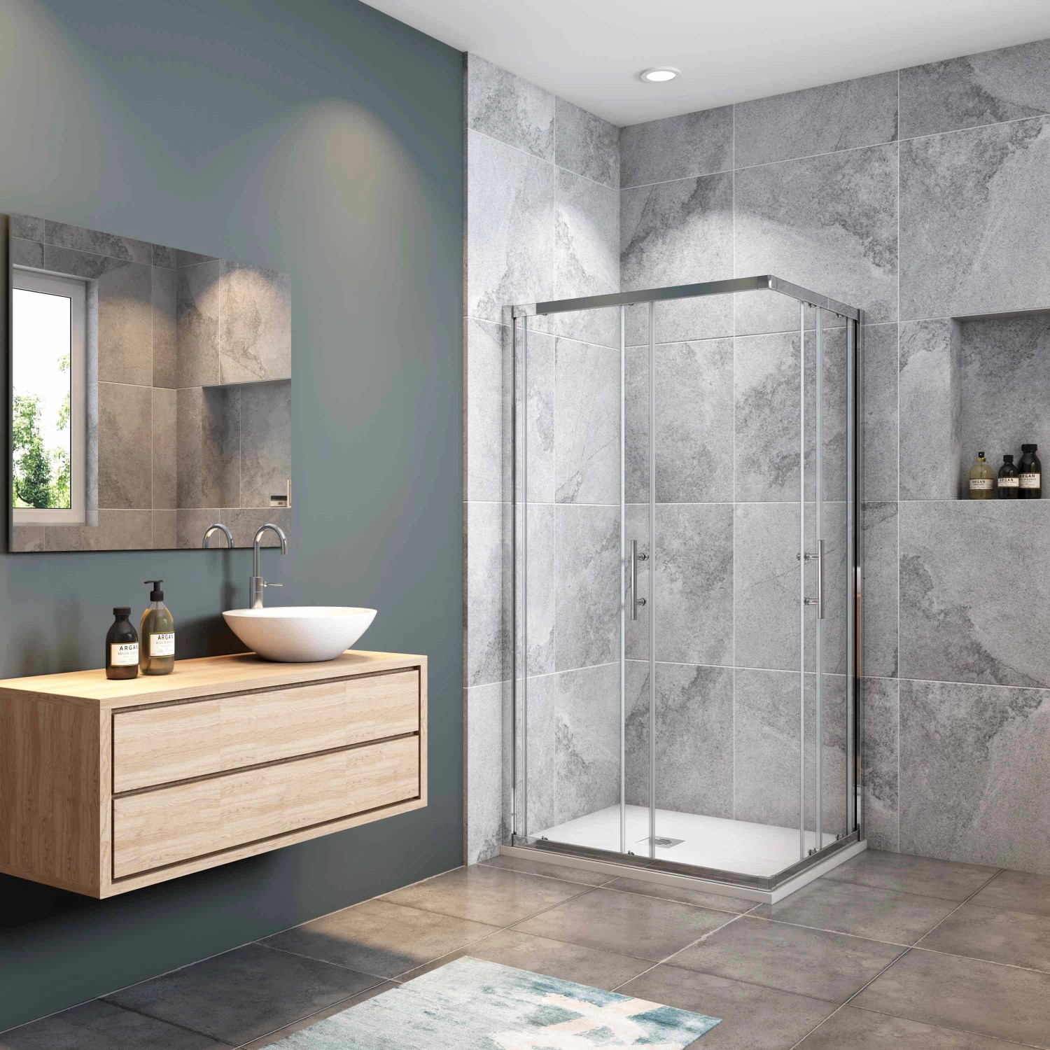 AICA Duschtür 90x70cm mit Schiebetür und Eckeinstieg im modernen Badezimmer.