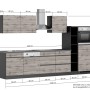 Küchenzeile Turin 330 cm, Graphit-Wotaneiche, mit E-Geräten und Maßangaben.