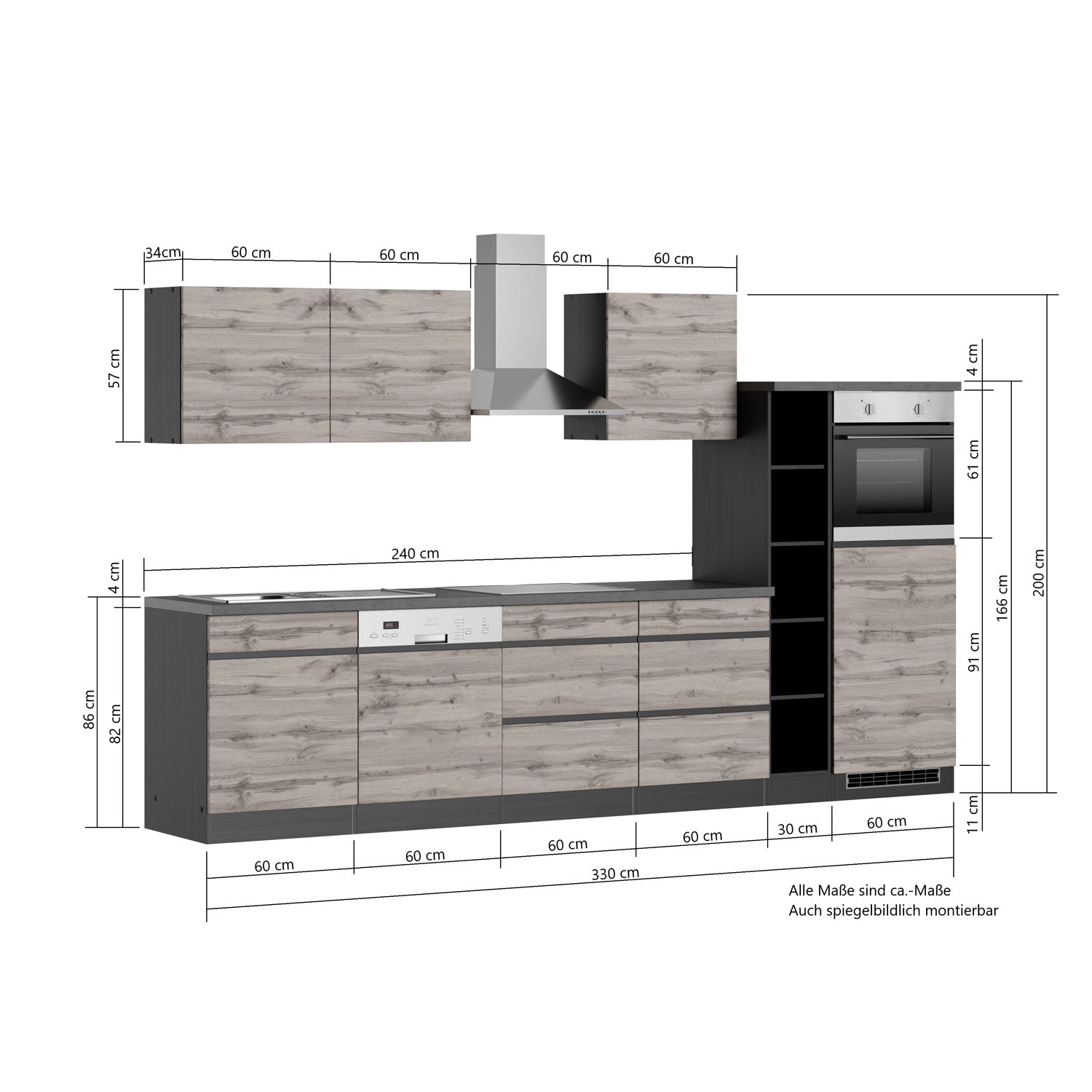 Küchenzeile Turin 330 cm, Graphit-Wotaneiche, mit E-Geräten und Maßangaben.