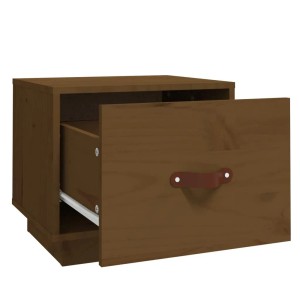 Nachttisch aus Kiefernholz, honigbraun, mit offener Schublade und Ledergriff, 2er Set.