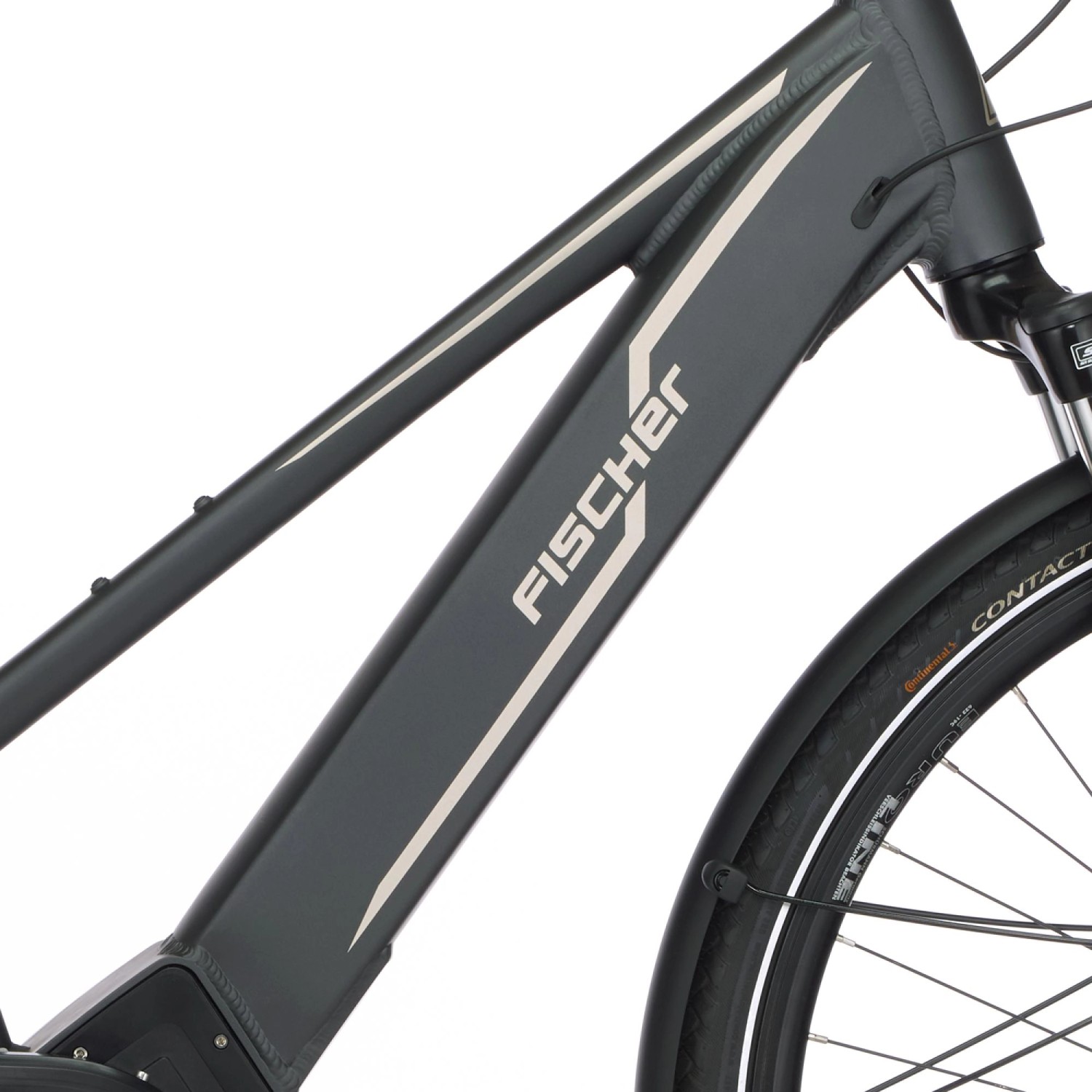 Detailansicht des grauen Fischer E-Bike Viator 5.0i mit Fokus auf Rahmen und Reifen.