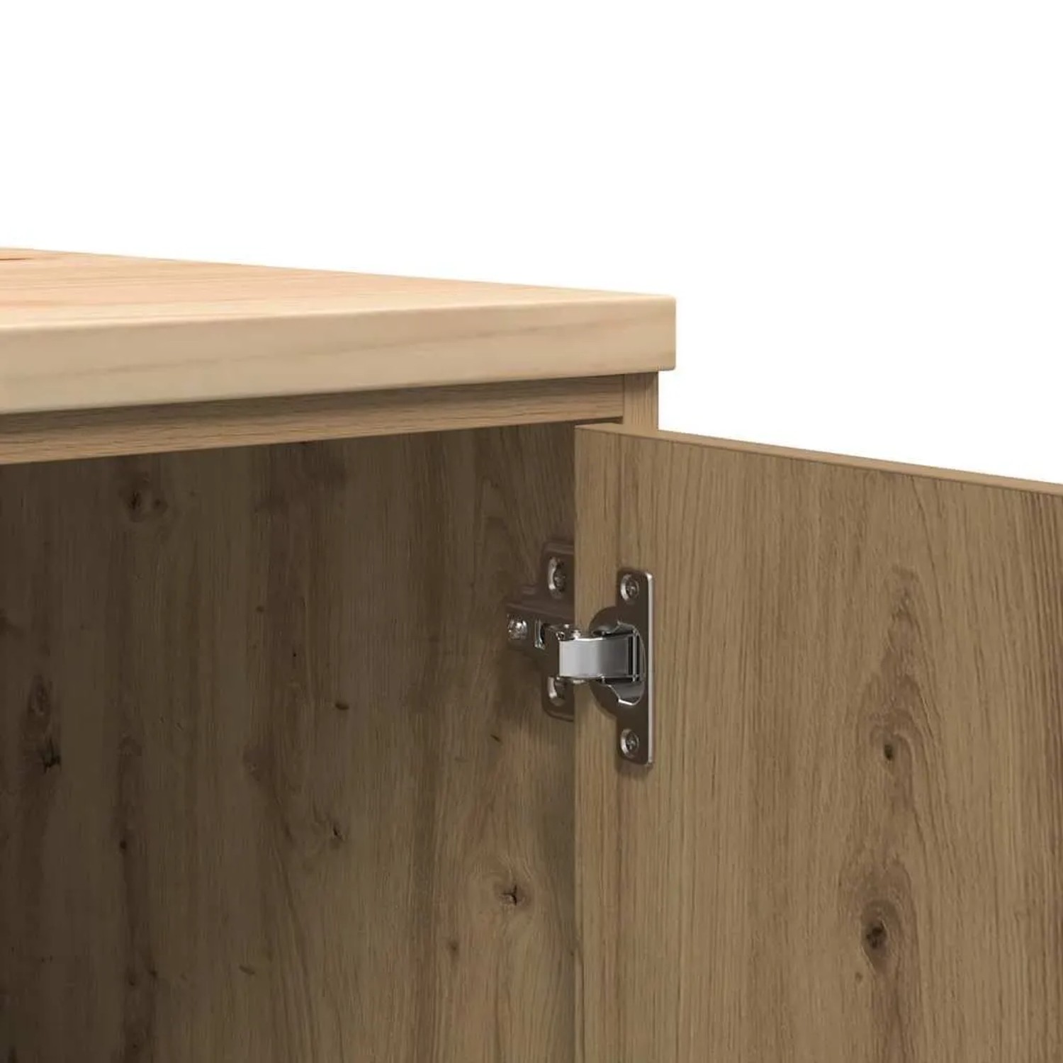 Detailaufnahme: Garagen-Werkzeugschrank in Artisan-Eiche mit Holzarbeitsplatte und Scharnier.