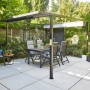 Siena Garden Pergola Schattenmanufaktur, anthrazitfarbenes Aluminiumgestell mit Esstisch und Stühlen.