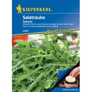 Kiepenkerl Salatrauke 'Speedy' Saatscheibe mit grünen Blättern und Saatscheibe.