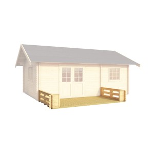 Lasita Maja Terrasse Natur (365x200cm) am Gartenhaus Caroline. Holzterrasse mit Geländer.