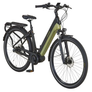 Prophete City E-Bike Geniesser 5.0, 28 Zoll, Schwarz-Silbergrün, mit Mittelmotor und integriertem Akku.