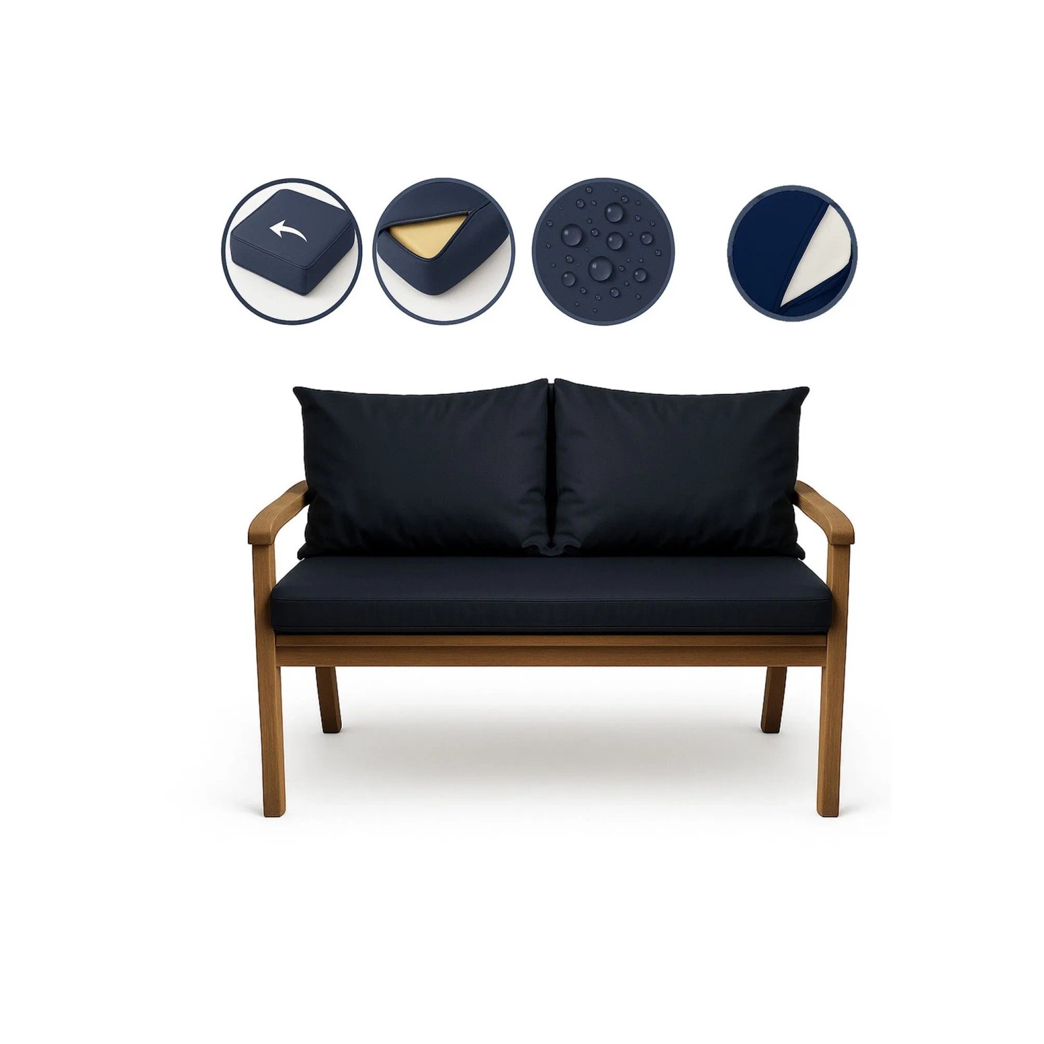 Marineblaues Setgarden Bankkissen für 2-Sitzer Gartenbank, 100x60 + 2x50x56 cm.