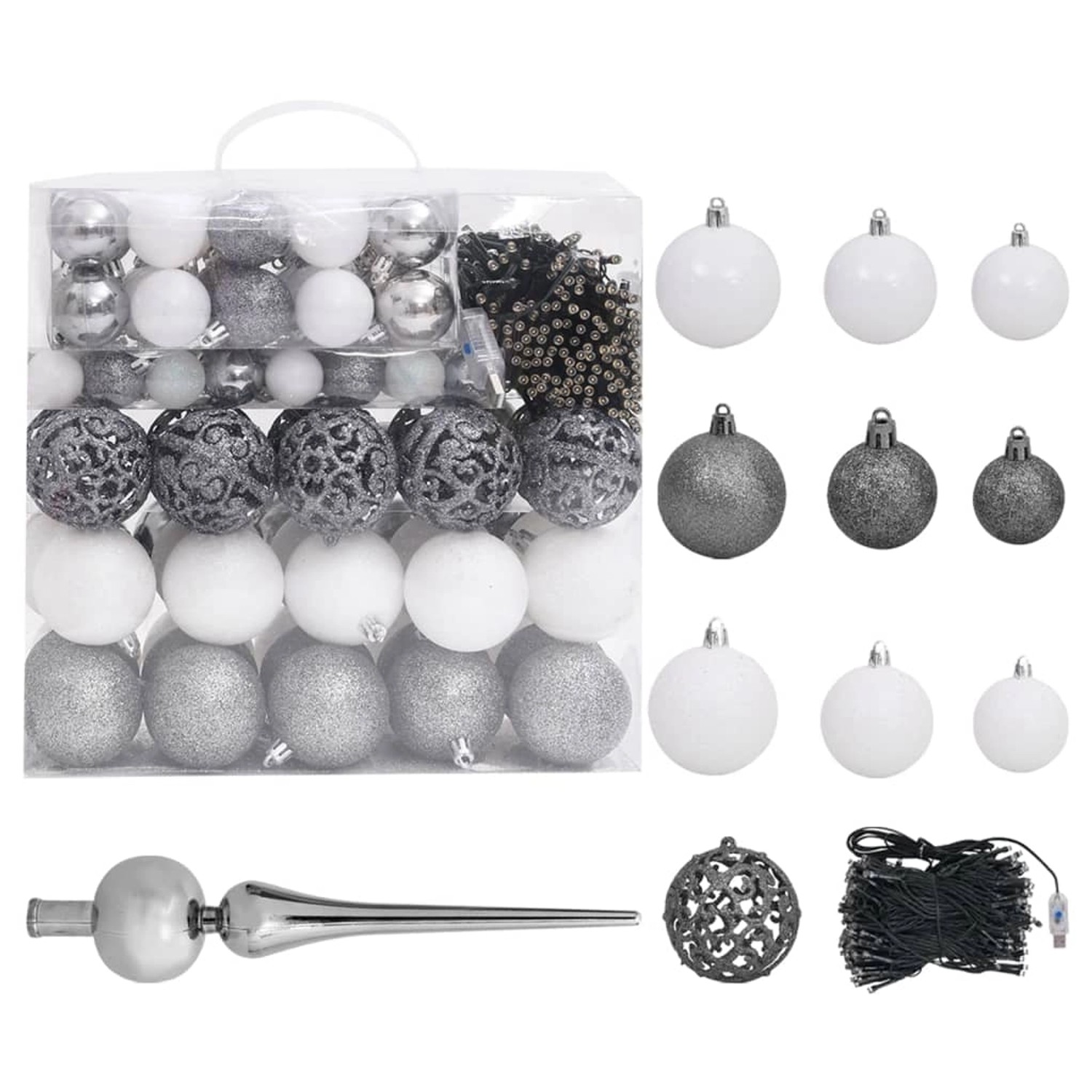 Weihnachtsbaumschmuck Set: Spitze, Kugeln (weiß, grau), Lichterkette für künstlichen Weihnachtsbaum.