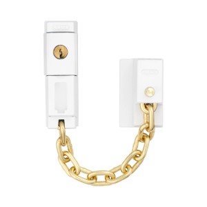 Abus Türkette SK79 W SB, abschließbare Türsicherung mit goldener Kette und weißem Gehäuse.