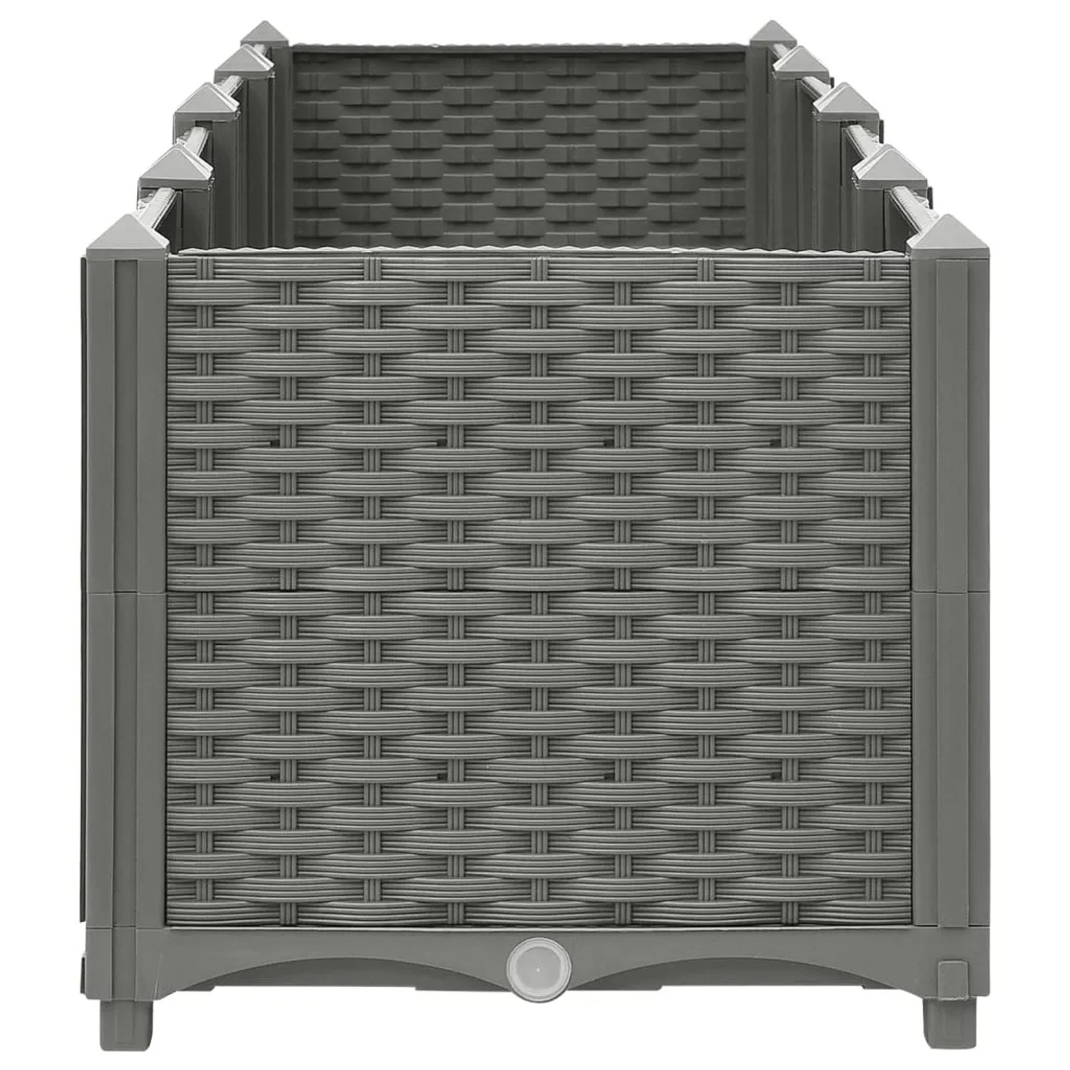 Hellgraues vidaXL Hochbeet (160x40x38 cm) in Rattan-Optik aus Polypropylen.