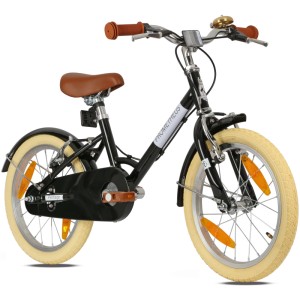 Schwarzes PROMETHEUS Kinderfahrrad 16 Zoll im Retro Look mit braunem Sattel, cremefarbenen Reifen, Felgenbremse & Ständer.