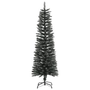 Schlanker, grüner, künstlicher Weihnachtsbaum (150 cm) mit leichtem Schnee-Effekt und schwarzem Ständer.