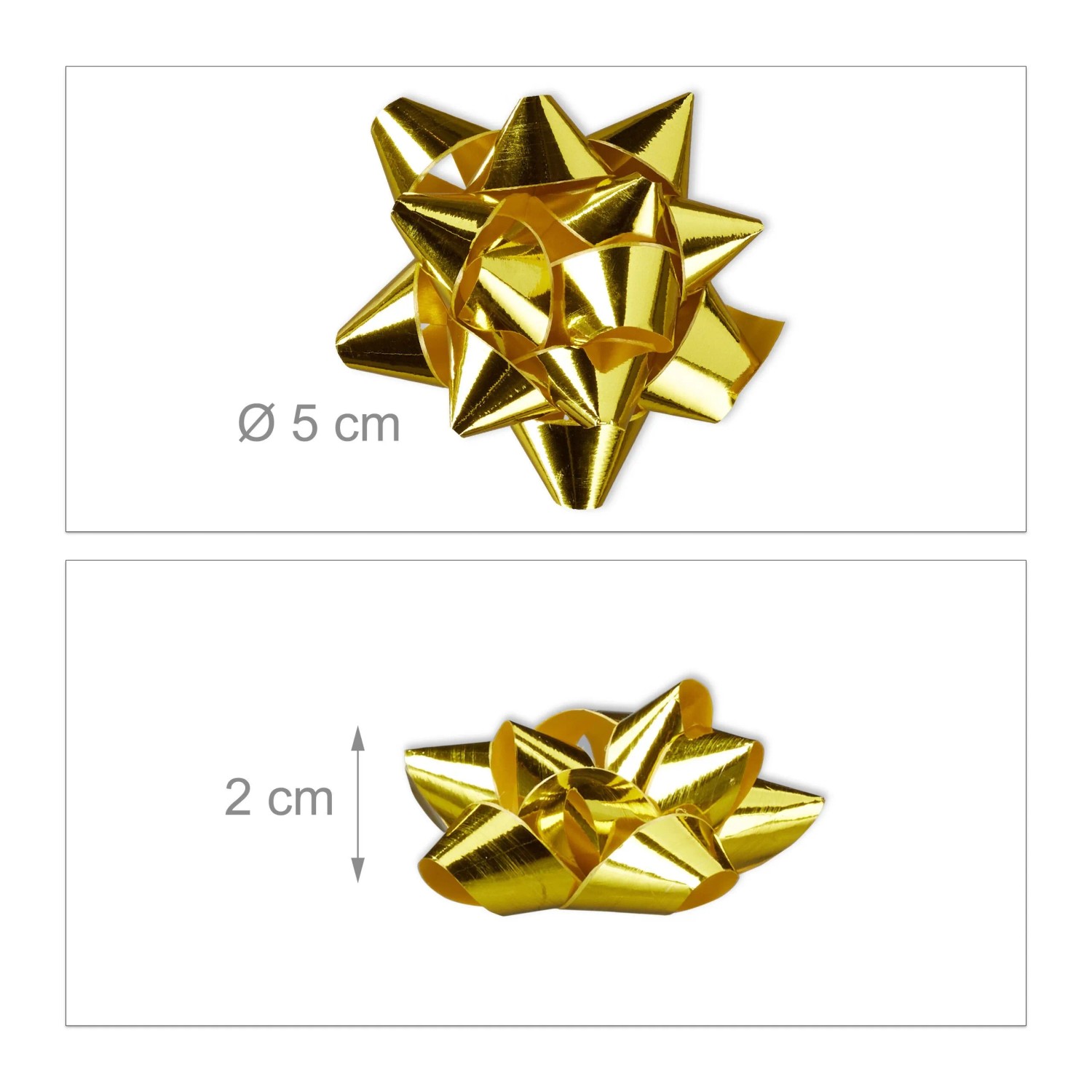 Goldene, selbstklebende Geschenkschleife aus Polypropylen, 5 cm Durchmesser, 2 cm hoch. Ideal für Weihnachtsdekoration.