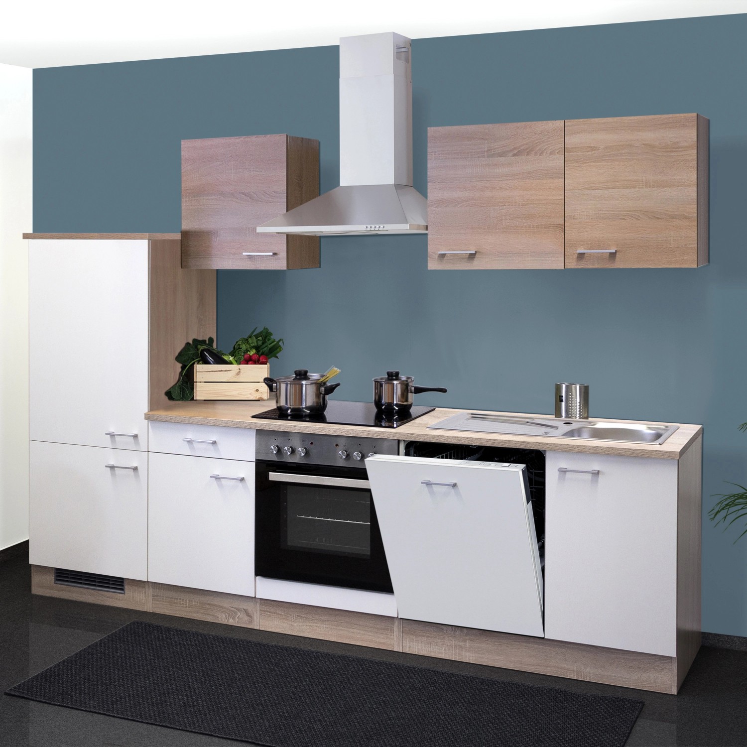 Flex-Well Küchenzeile Florida 280 cm in Weiß Matt und Sonoma Eiche mit E-Geräten.