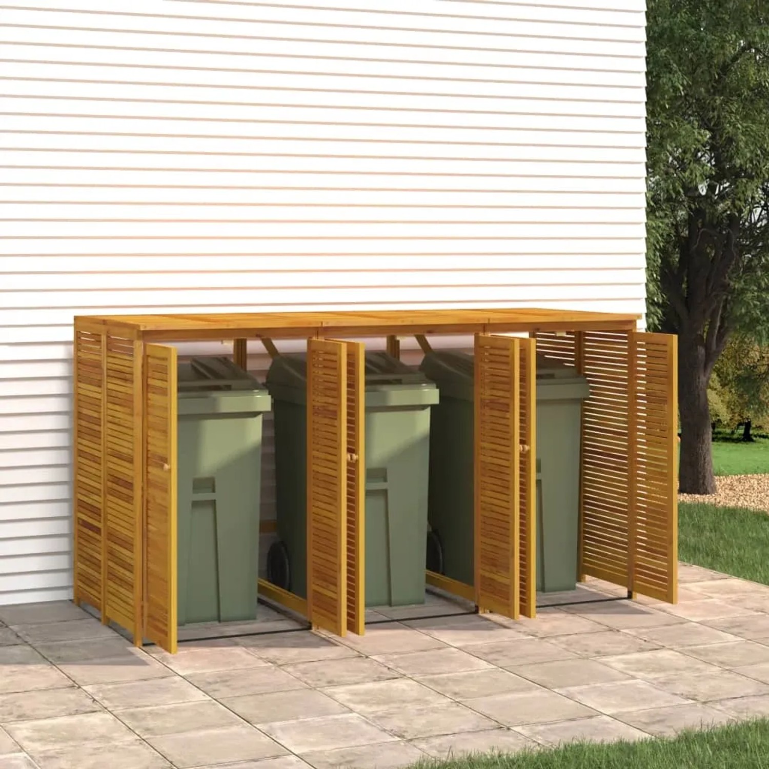 vidaXL Mülltonnenbox für 3 Tonnen aus Akazienholz im Garten. Sichtschutz und Ordnungssystem.