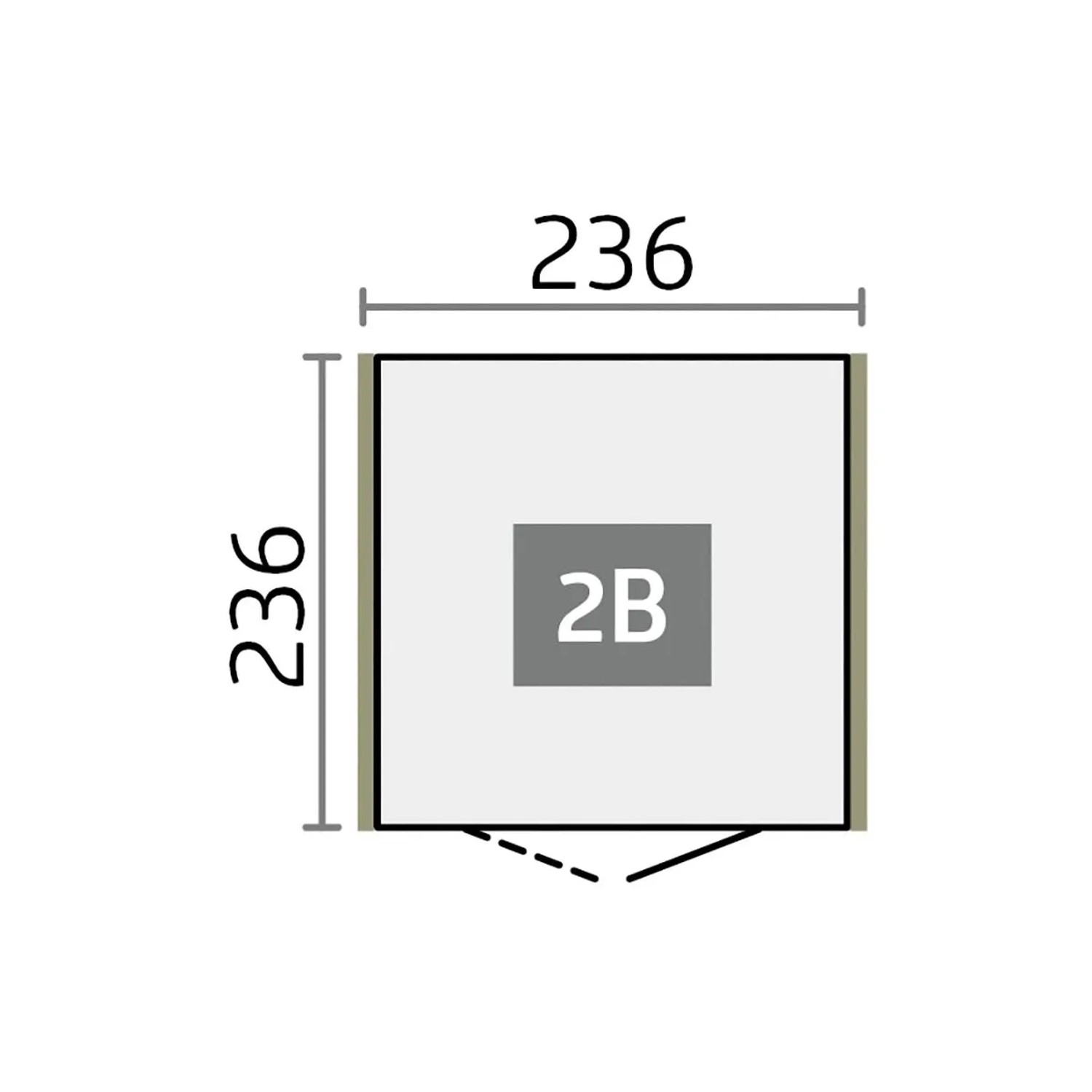 Grundriss Biohort Gerätehaus Neo 2B Standardtür. Maße 236x236 cm. Plan für Gerätehaus.
