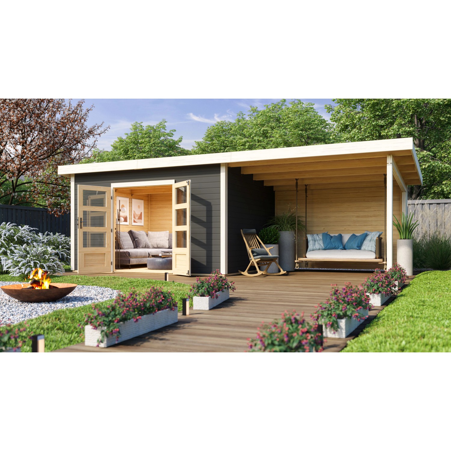 Terragraues Karibu Holz-Gartenhaus Karlskoga mit Pultdach und überdachtem Anbau im Garten.